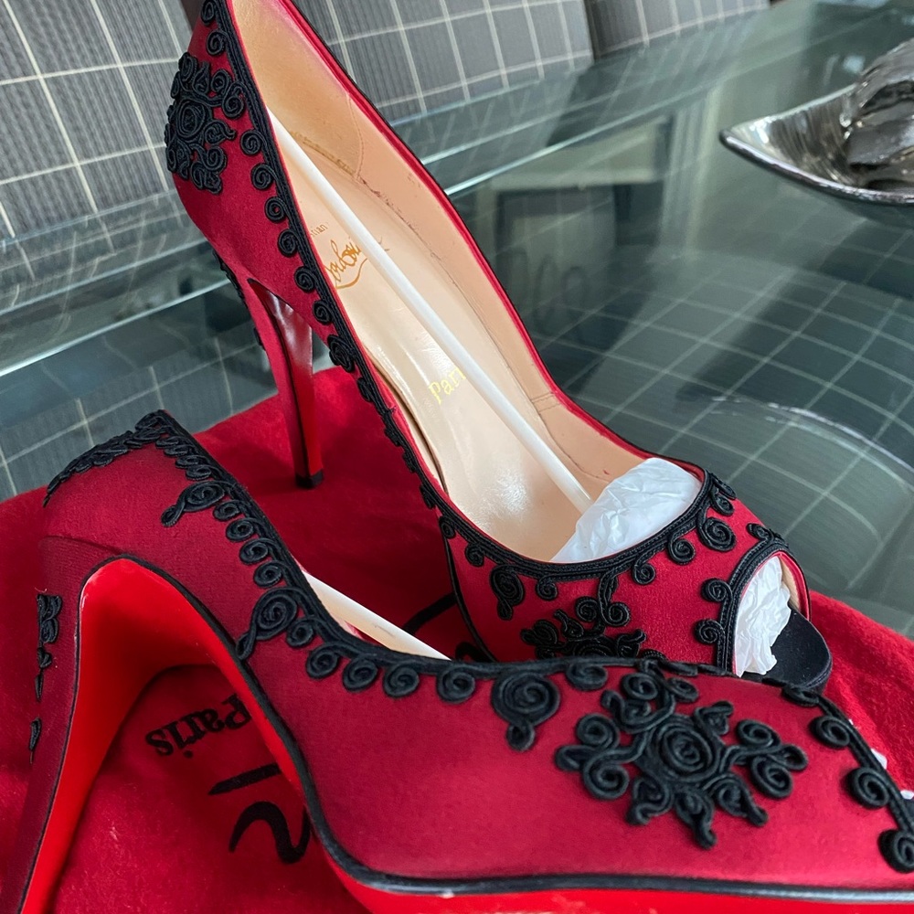Christian Louboutin Red/Black Satin Heels - Picture 5 of 13